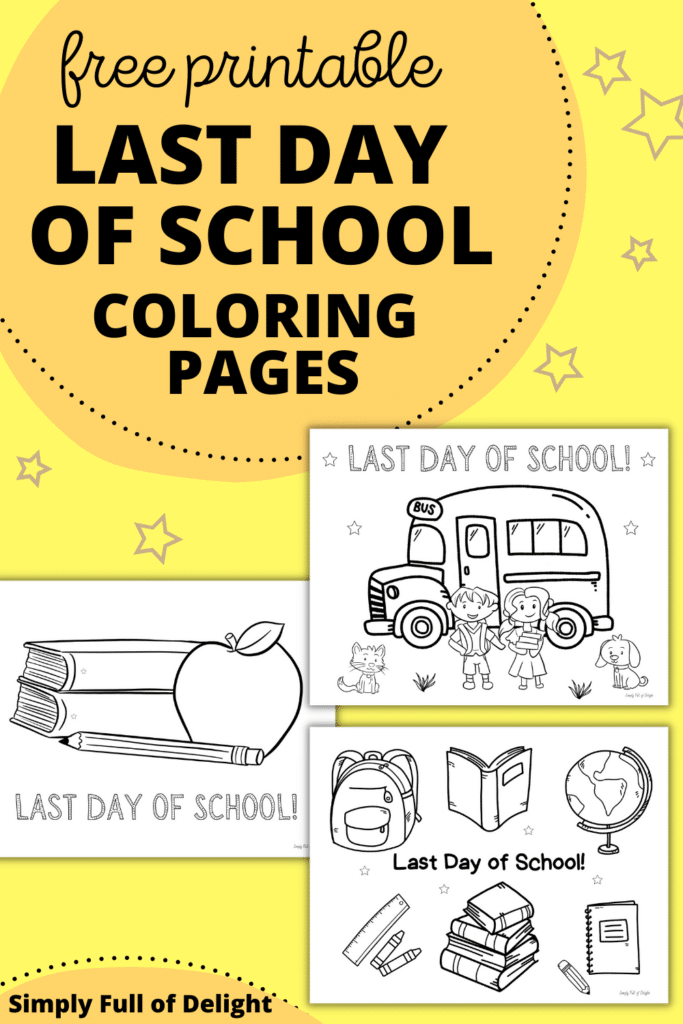 last day of school coloring pages including a bus, school supplies and stack of books with apple.