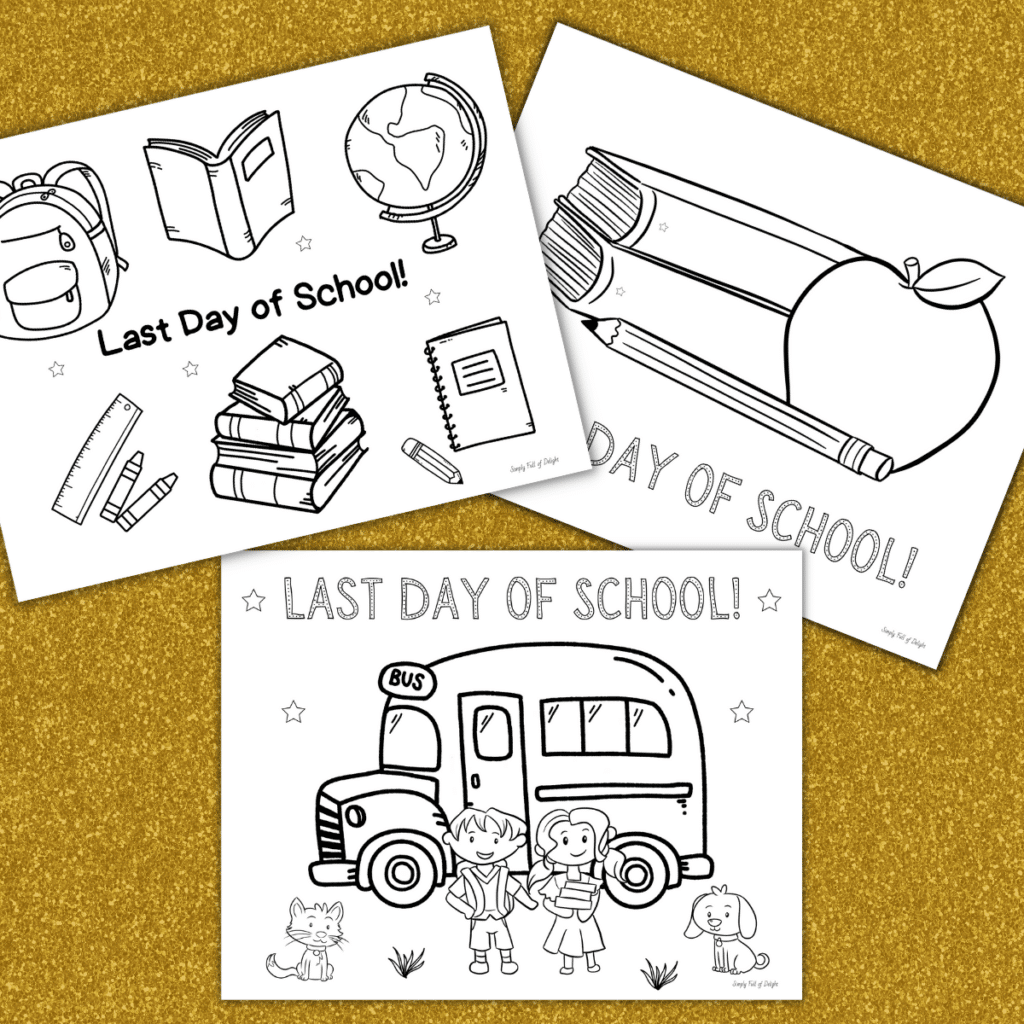 3 free printable Last Day of School coloring pages for kids - featuring school supplies, kids getting off a school bus, and a stack of books with apple.