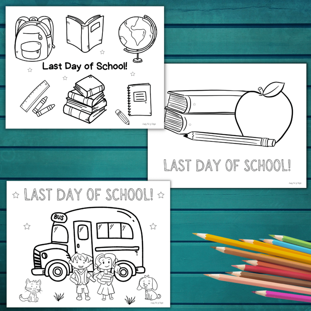 Last day of School Coloring pages for kids - free printables including school bus, school supplies, and stack of books with apple
