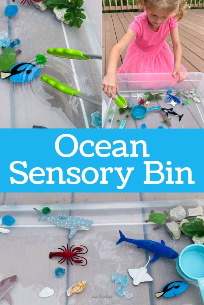 ocean sensory bin - tongs grabbing a fish, child playing with sea life, sensory bin with water and sea creatures