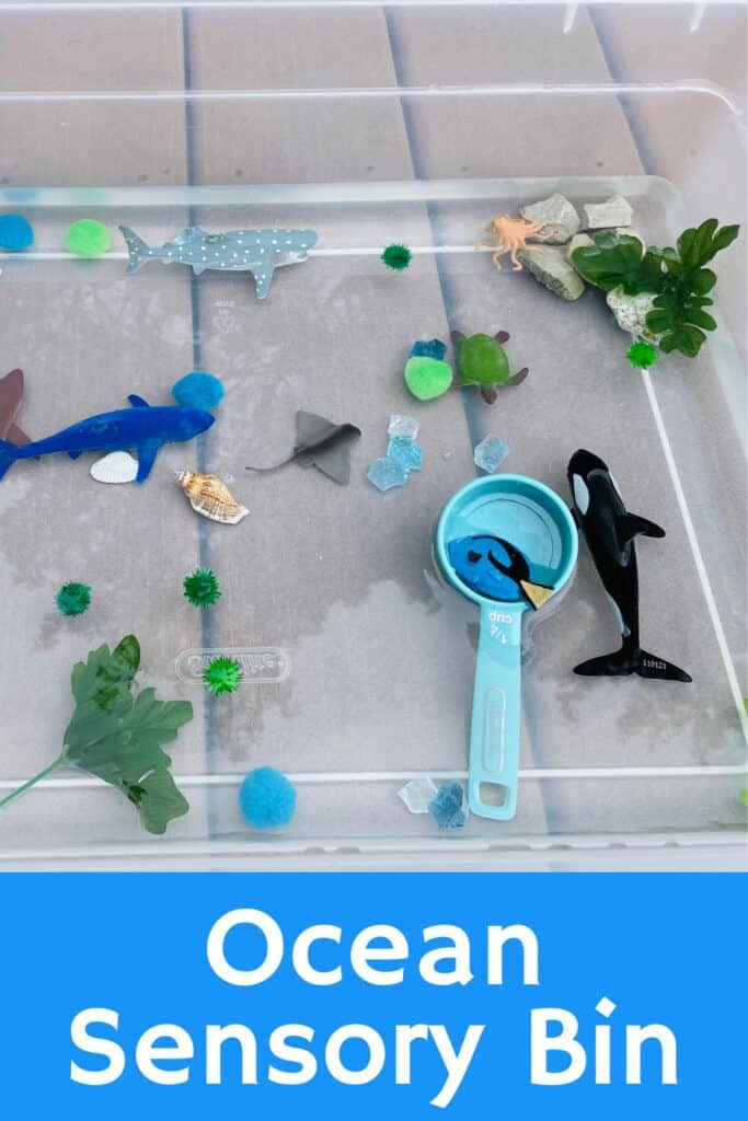 Ocean sensory bin - tub of water with gems, pom poms, cups, plastic sea animals, shells, rocks, and more.
