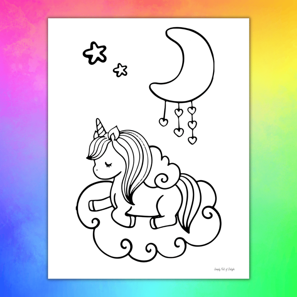 easy unicorn coloring page - free printable unicorn coloring sheet featuring a unicorn sleeping on a cloud with the moon