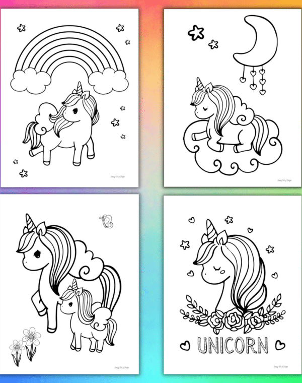 unicorn coloring pages for kids on a rainbow background
