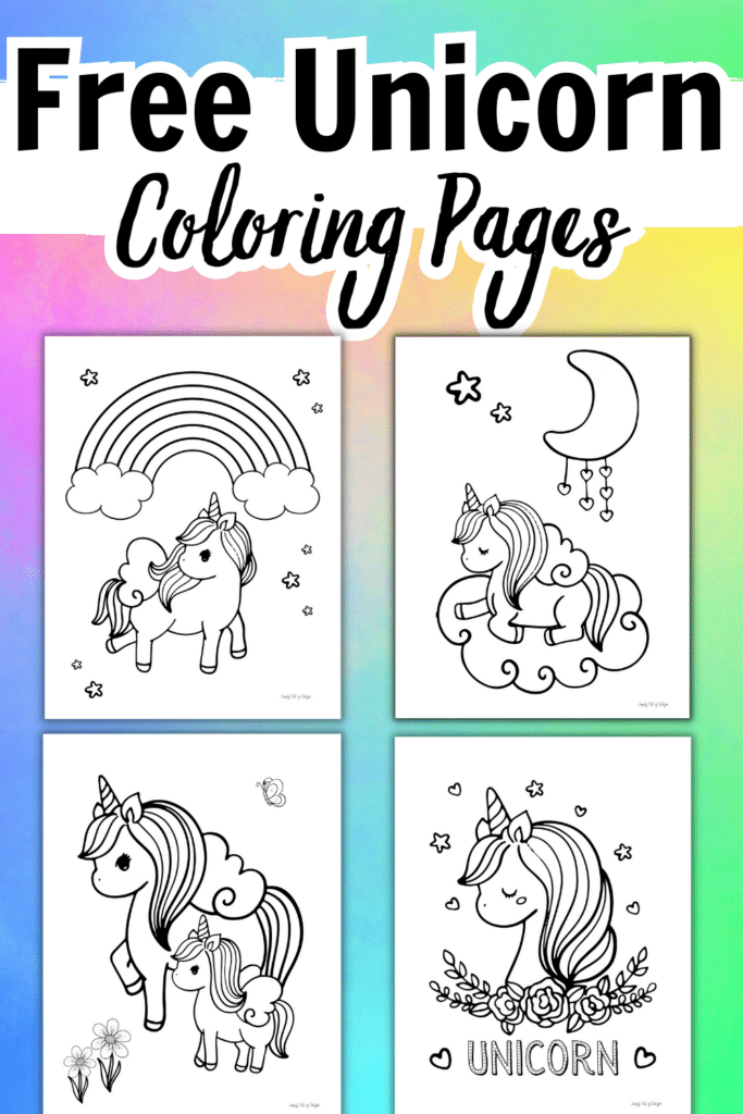 Free unicorn coloring pages for kids featuring unicorns with rainbows, flowers, and baby unicorns