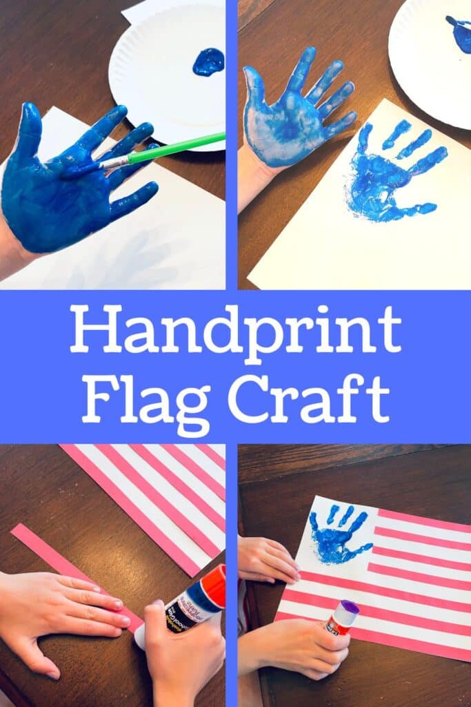 Handprint flag craft for preschool - child's hand shown painted blue and made handprint on white paper, adding red stripes of construction paper, and then a finished handprint flag craft