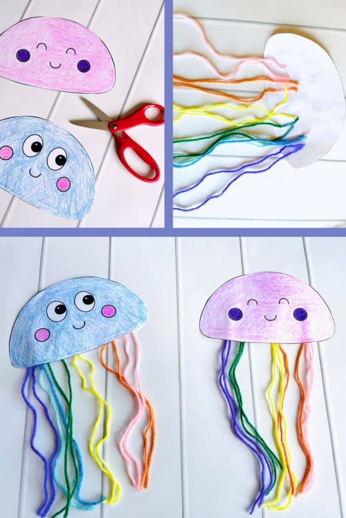 Jellyfish craft for kids - cutting out the jellyfish template, adding yarn to the back of the jellyfish, and then completed jellyfish craft