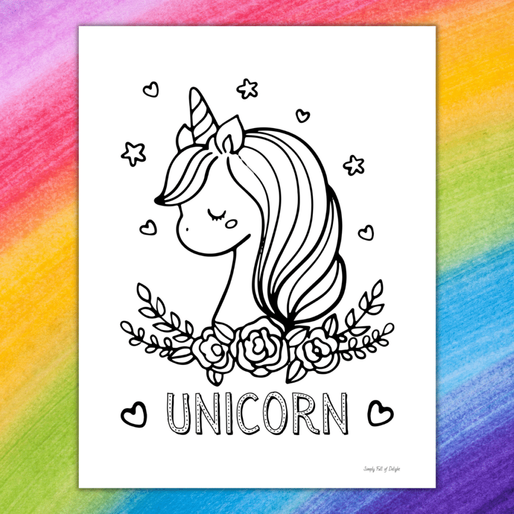 free printable fun unicorn coloring page - a large unicorn head with flowers and stars and hearts to color.