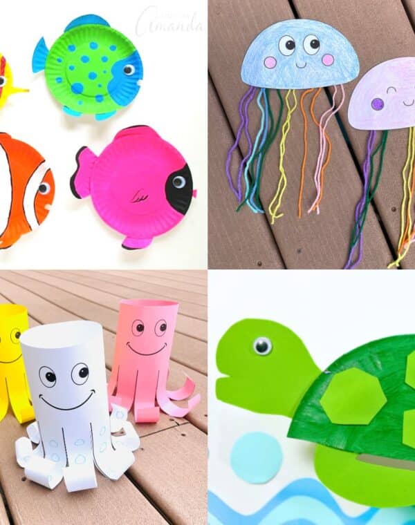 ocean crafts for kids including paper plate fish, paper jellyfish, paper octopus, and paper plate turtle