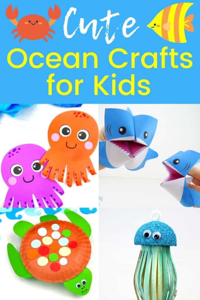 cute ocean crafts for kids including octopus craft, shark cootie catcher craft, turtle paper plate craft and jellyfish craft for kids