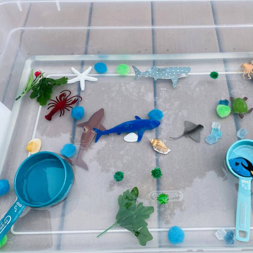 Ocean sensory bin containing pom poms, cups, sea animals, shells and more.