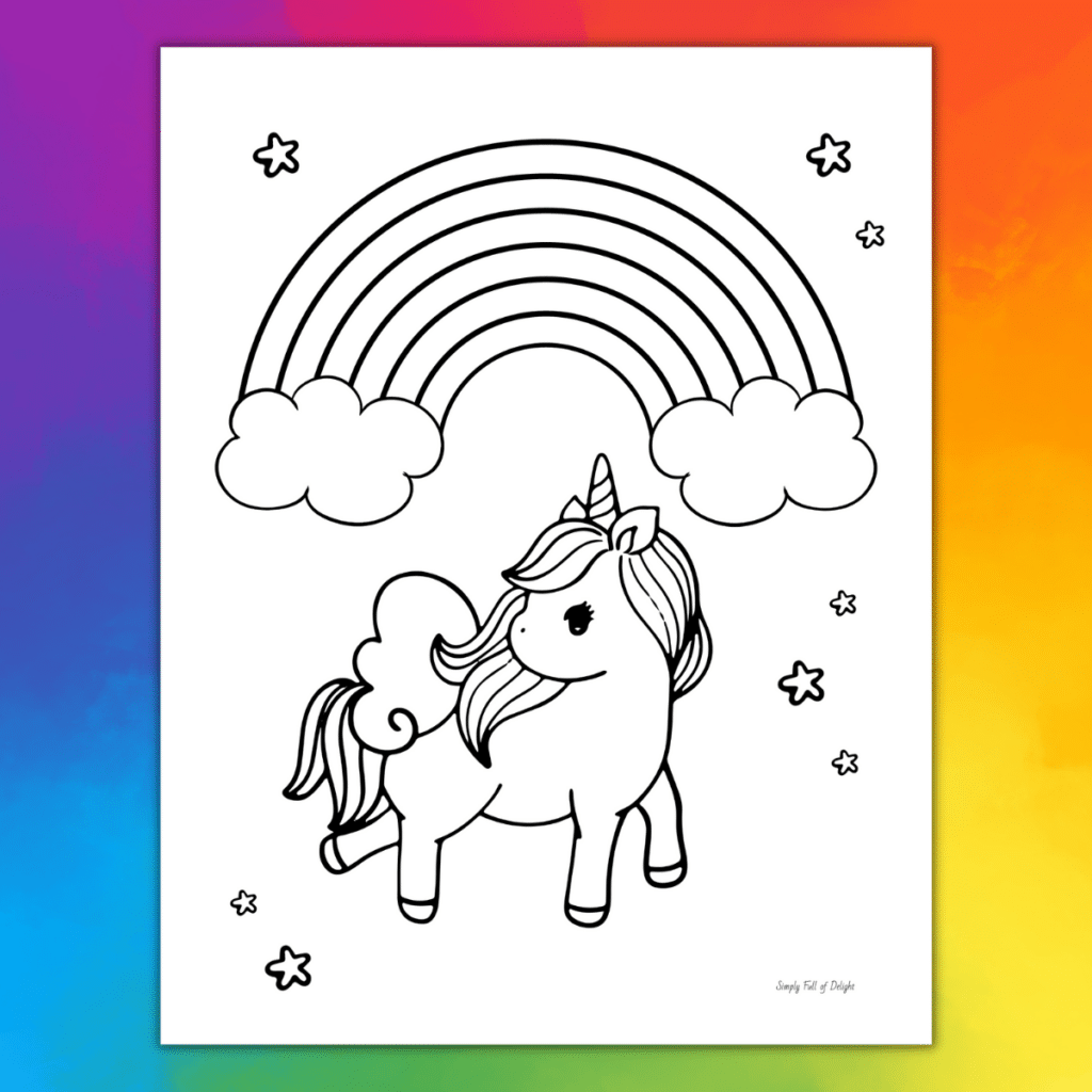 cute unicorn with a rainbow coloring sheet - free printable unicorn coloring page featuring a rainbow with a unicorn