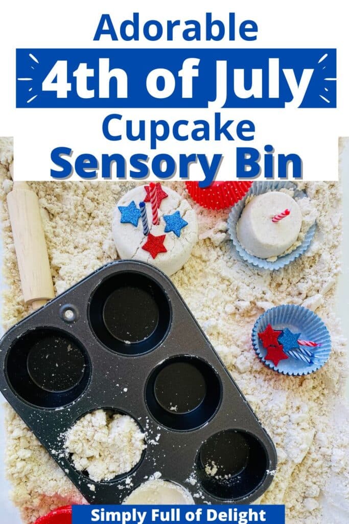 adorable 4th of July Cupcake Sensory bin containing moon sand, cupcake liners, muffin pan, scoops, candles and more!