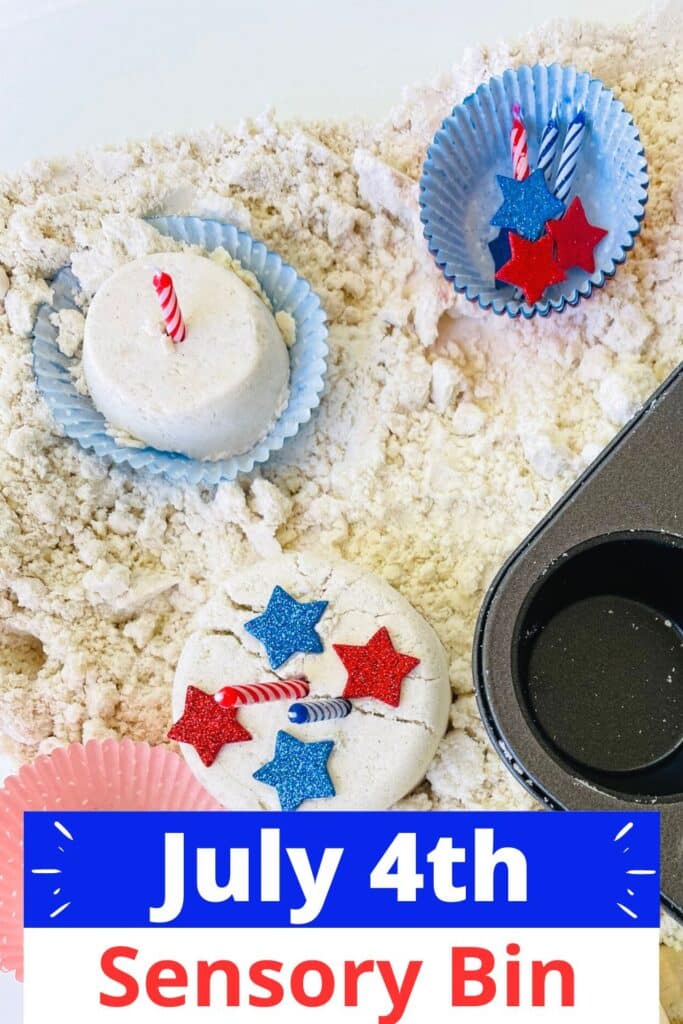 July 4th Sensory Bin - moon sand cupcakes with red white and blue candles and stars