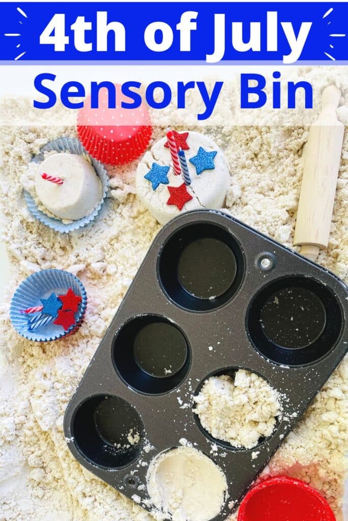 4th of July Sensory bin with moon sand and cupcake making supplies for America's birthday!