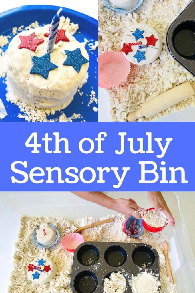 4th of July Sensory Bin with moon sand and cupcake making supplies