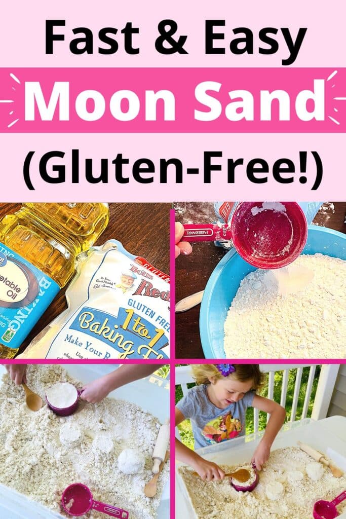 fast and easy moon sand gluten free - shows supplies, pouring, and molding of moon sand