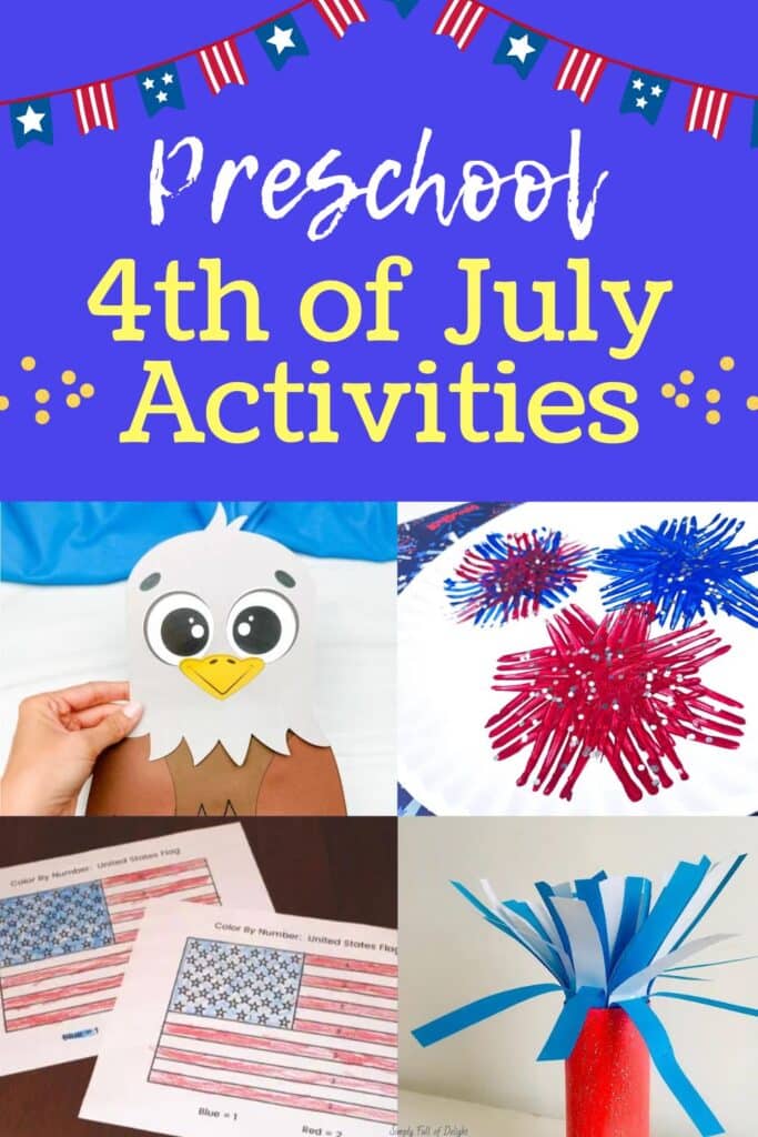 Preschool 4th of July activities for kids -Bald eagle paper bag puppet, fireworks painting, American flag color by number and toilet paper roll fireworks craft