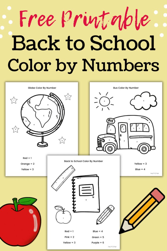 Free printable back to school color by numbers including a bus, globe and school supplies