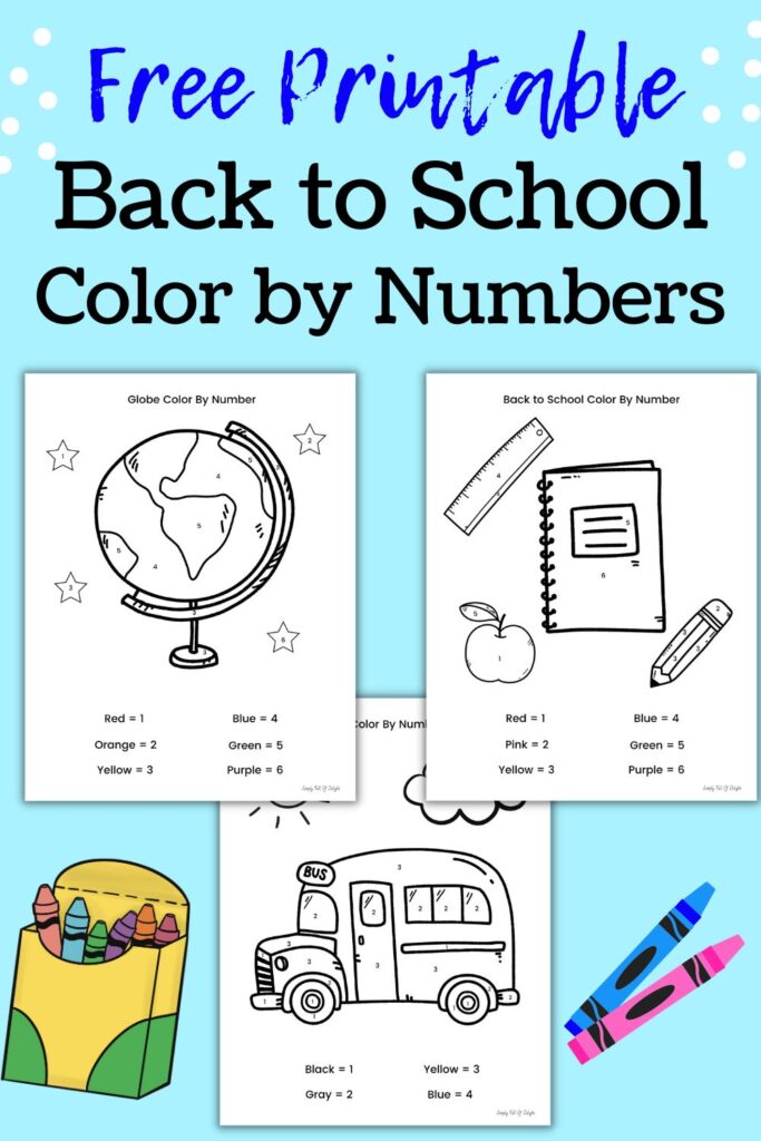 Free Printable Back to School Color by Numbers including a globe, school supplies and a bus.