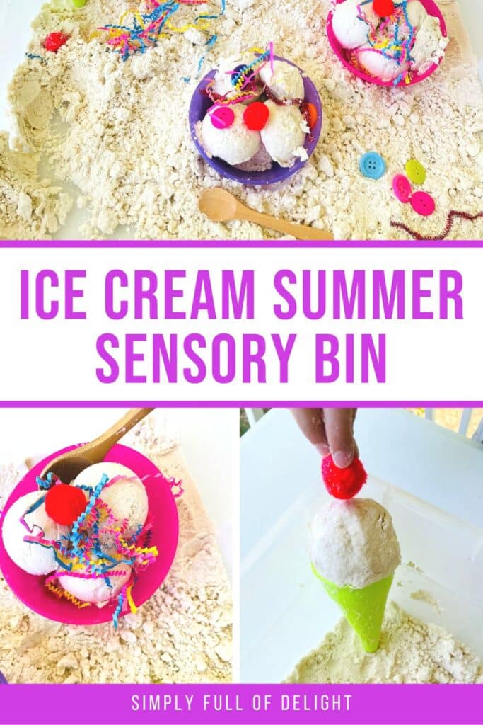 ice cream summer sensory bin - make moon sand sundaes and ice cream cones with this fun summer sensory play idea