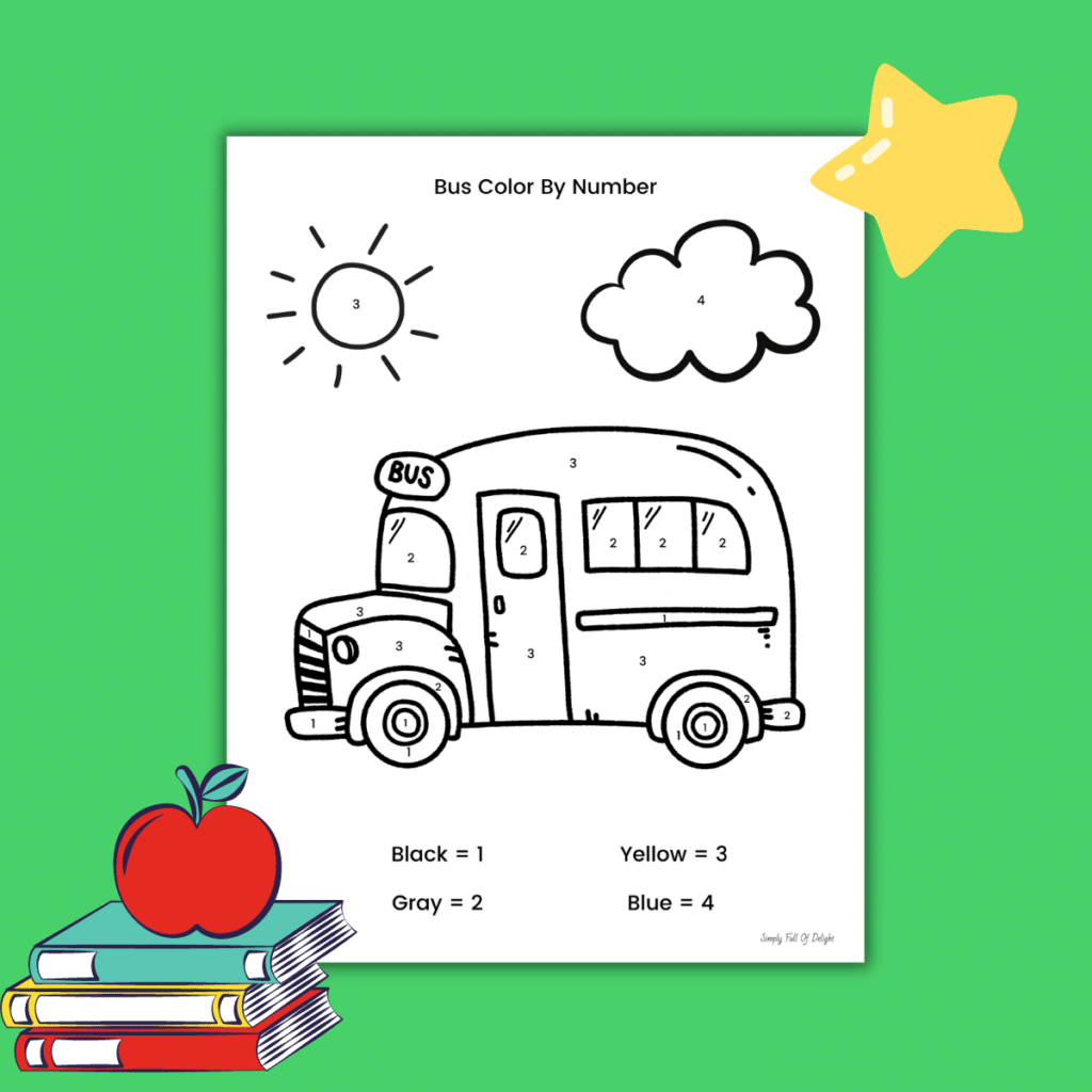 school bus color by number - back to school coloring page
