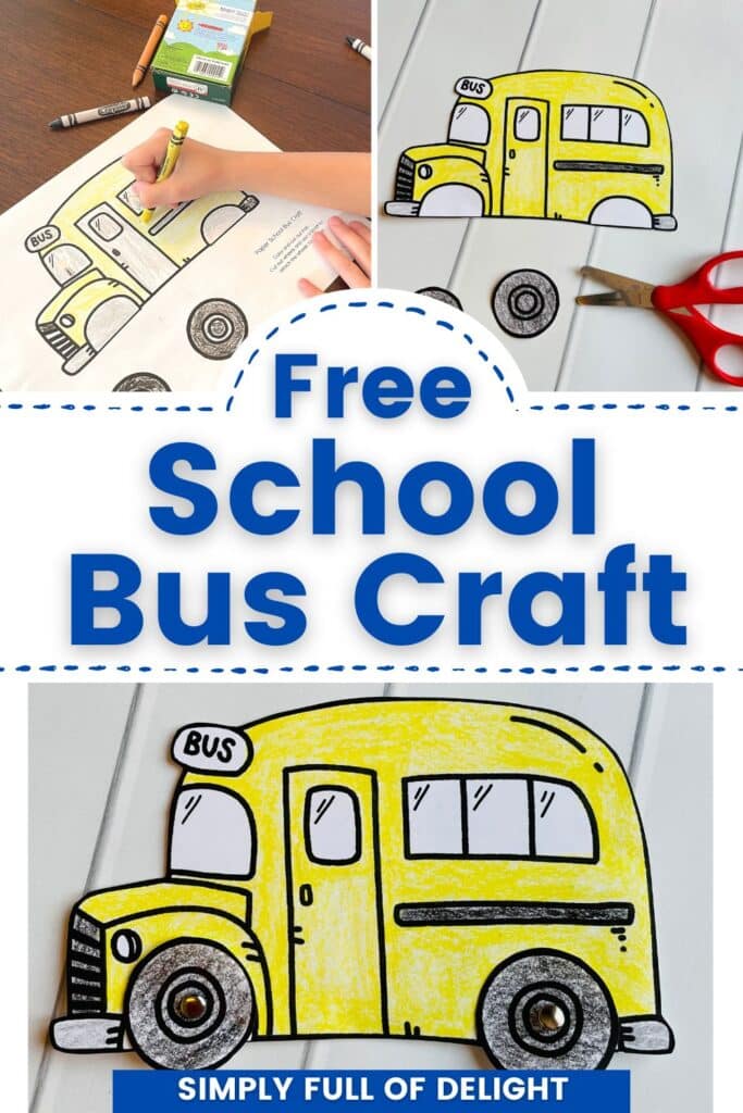 free printable School Bus Craft being colored, cut, and assembled.