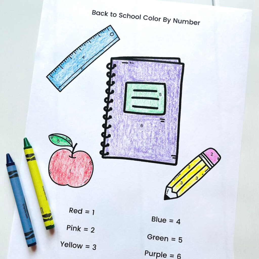 school supplies color by number colored in with crayons