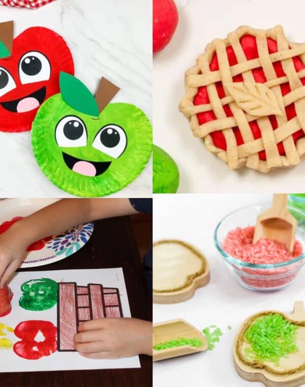 apple activities for kids including apple paper plate craft, apple playdough, apple stamping craft, apple sensory play