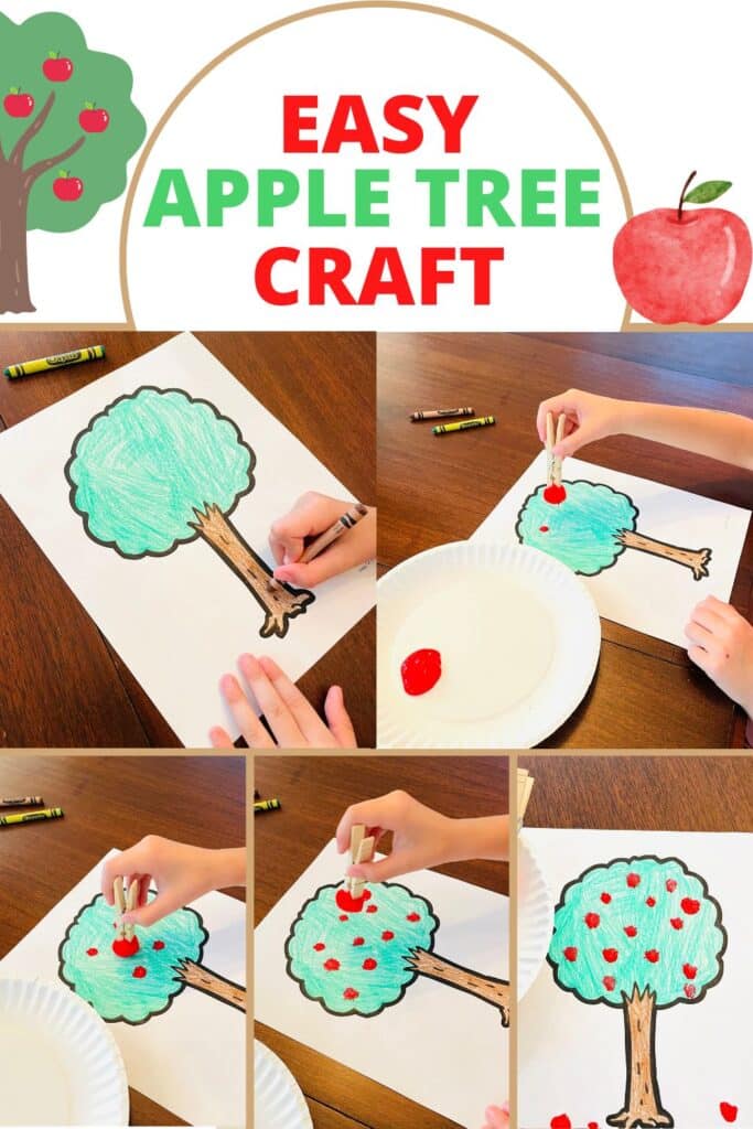 easy apple tree craft - child coloring tree, child dotting tree with red paint