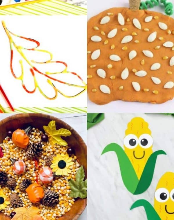 fall harvest crafts for preschoolers including leaf watercolor craft, pumpkin playdough, autumn sensory bin and paper corn craft