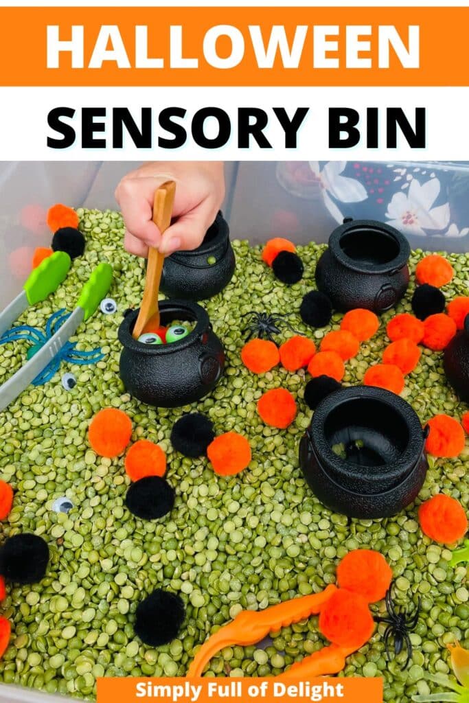 Halloween sensory bin for preschool - monster stew