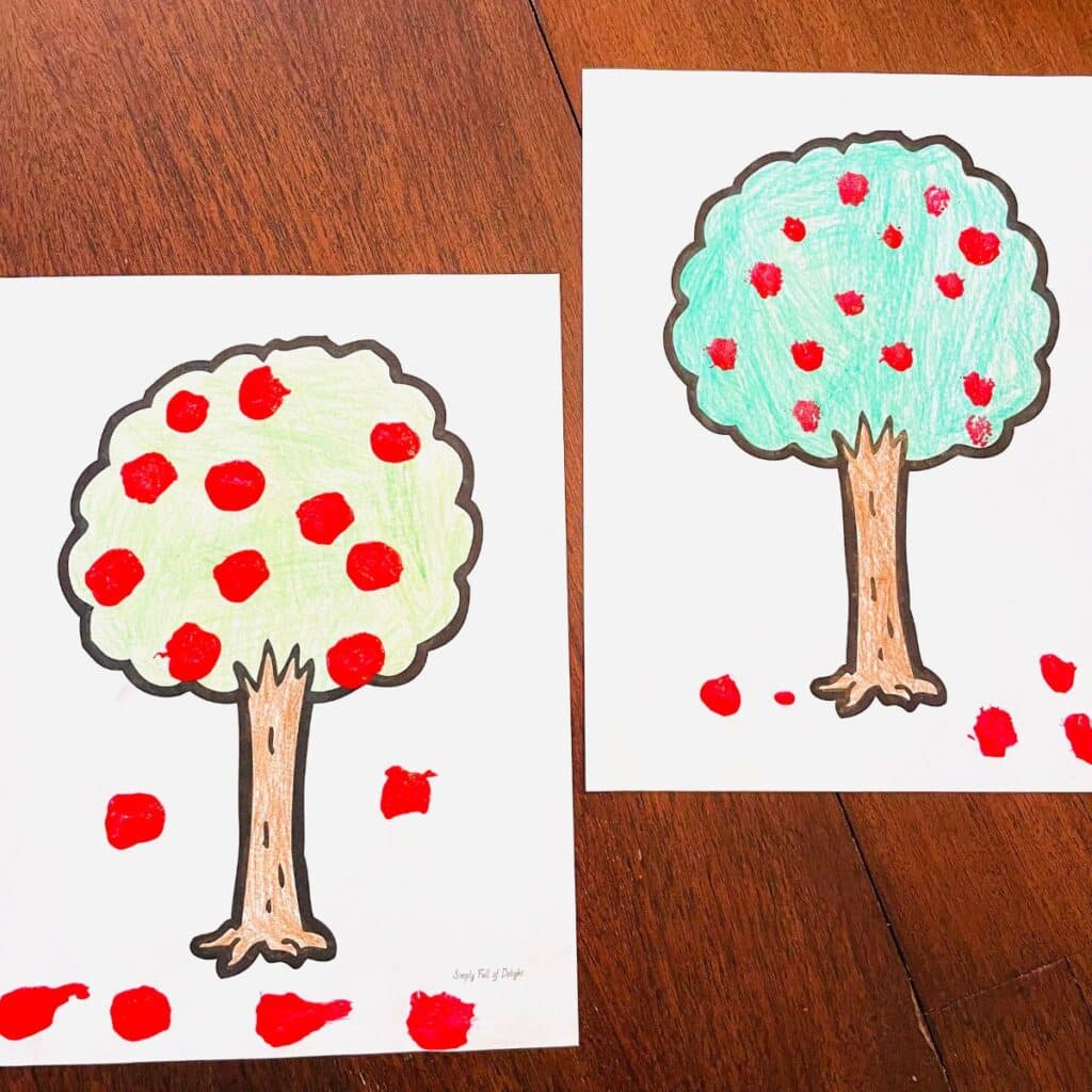 finished apple tree - colored and has red painted dots for apples