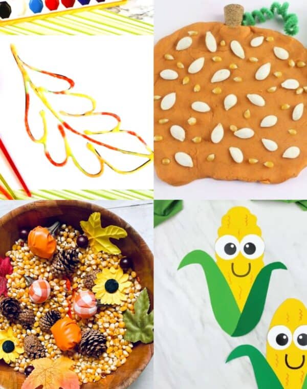 fall harvest crafts for preschoolers including leaf watercolor craft, pumpkin playdough, autumn sensory bin and paper corn craft