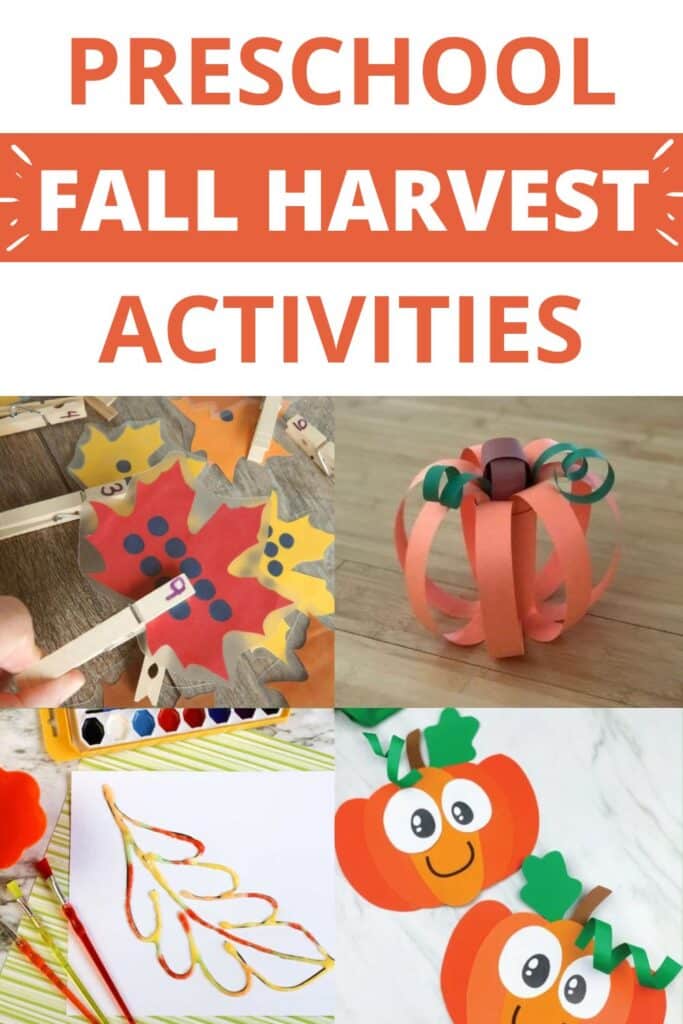 Preschool Fall Harvest Activities including: fall leaf number match game, 3d paper pumpkin, watercolor salt leaves, paper pumpkin crafts