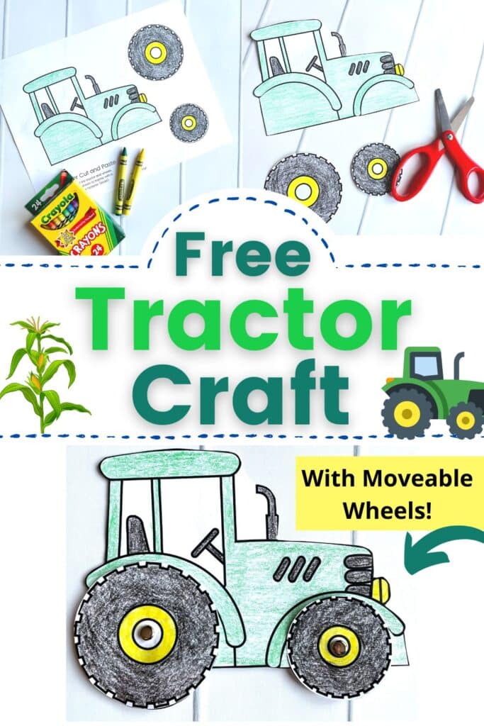 free tractor craft with moveable wheels - tractor craft step by step shown of coloring, cutting, and assembling