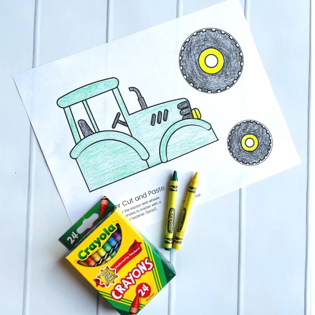 preschool tractor craft colored with crayons