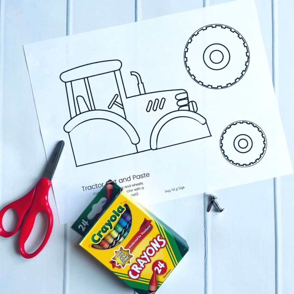 tractor craft supplies including free printable tractor template, 2 paper fasteners, crayons and scissors