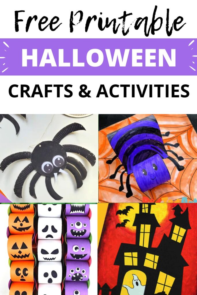 free printable Halloween Crafts and Activities including paper plate spider, 3D spider craft, paper Halloween chain, and haunted house craft