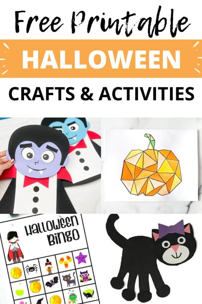 free printable Halloween crafts and activities including Dracula paper craft, pumpkin art, Halloween bingo, paper black cat