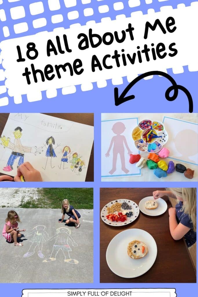 all about me theme activities including playdough mats, family drawing, side walk chalk drawings and a bagel person snack.
