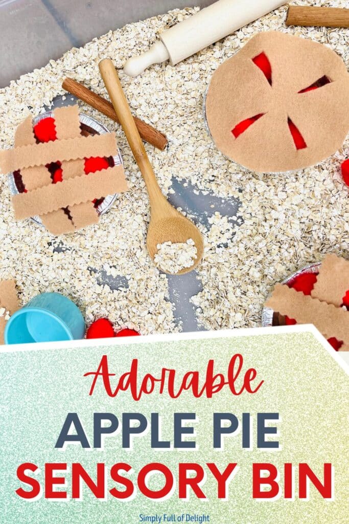 Adorable Apple Pie sensory bin - wooden scoop with oats, felt pies assembled