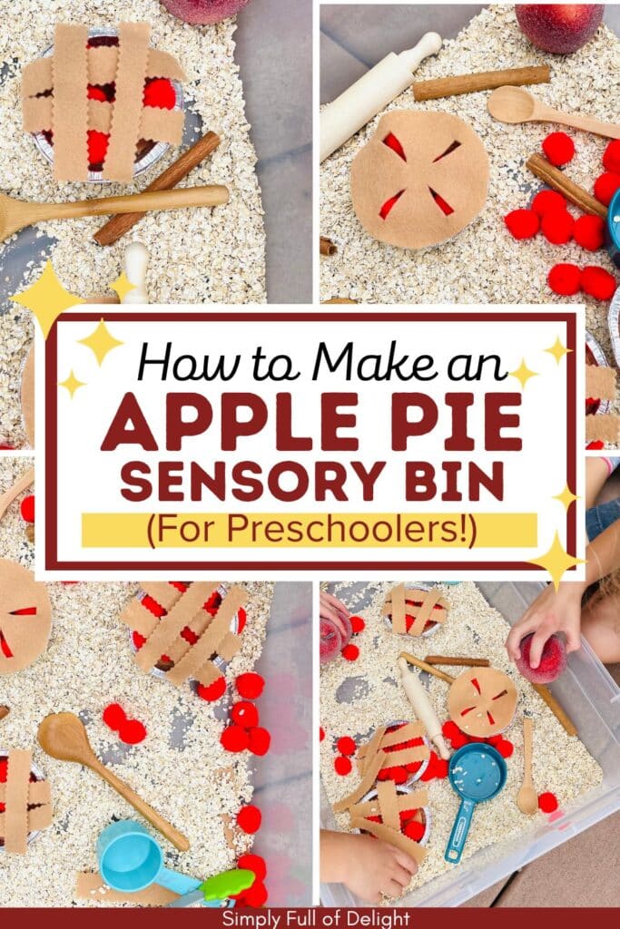 How to make an apple pie sensory bin for preschoolers!  Oats in a sensory bin with pom poms, felt crusts, measuring cups, rolling pin and cinnamon sticks