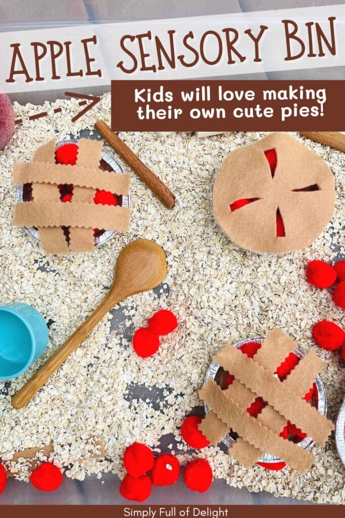 apple sensory bin - kids will love making their own cute pies!  Felt pies, pom poms, scoops, and oats shown in a sensory table