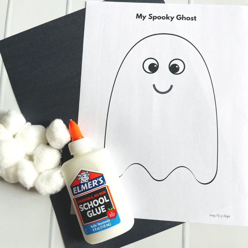 cotton ball ghost craft supplies including: cotton balls, free ghost template, black paper and school glue