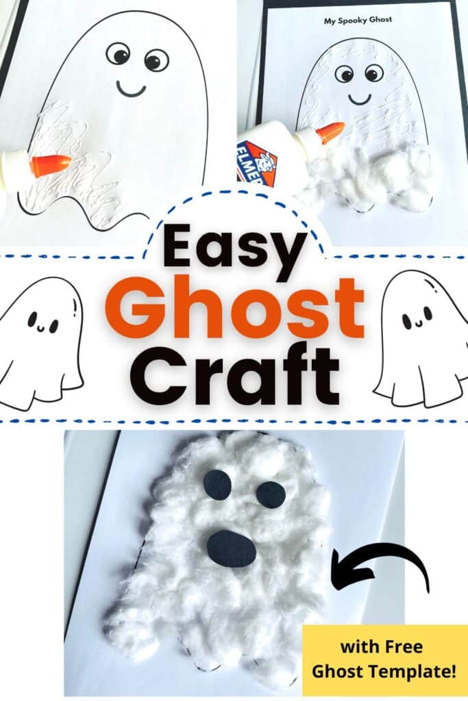 easy ghost craft for preschool with free ghost template - add glue to ghost template, add cotton balls, make a face with black paper