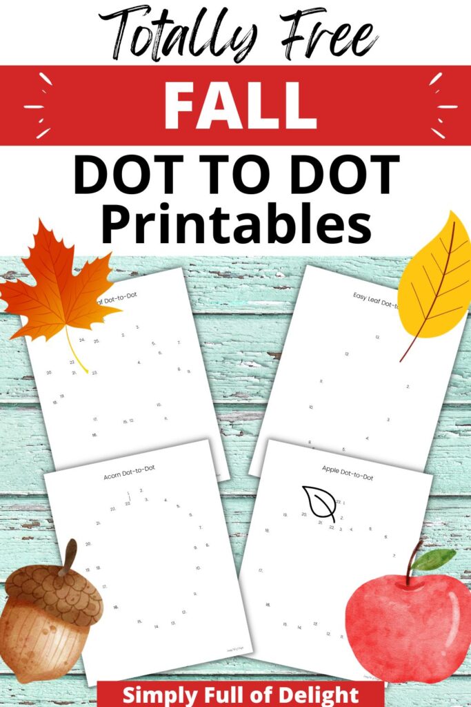 Totally Free Fall dot to dot printables including a maple leaf, fall leaf, acorn and apple.