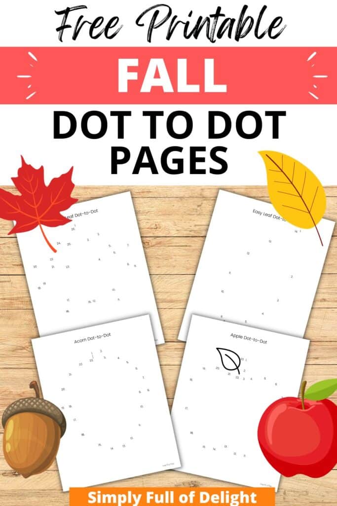 free printable Fall Dot to Dot pages including a maple leaf, beech tree fall leaf, acorn and apple