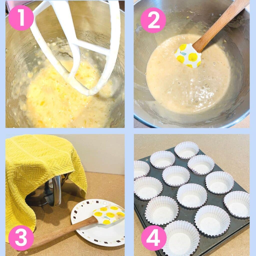 mashed bananas, banana muffin batter, batter covered with towel, cupcake liner