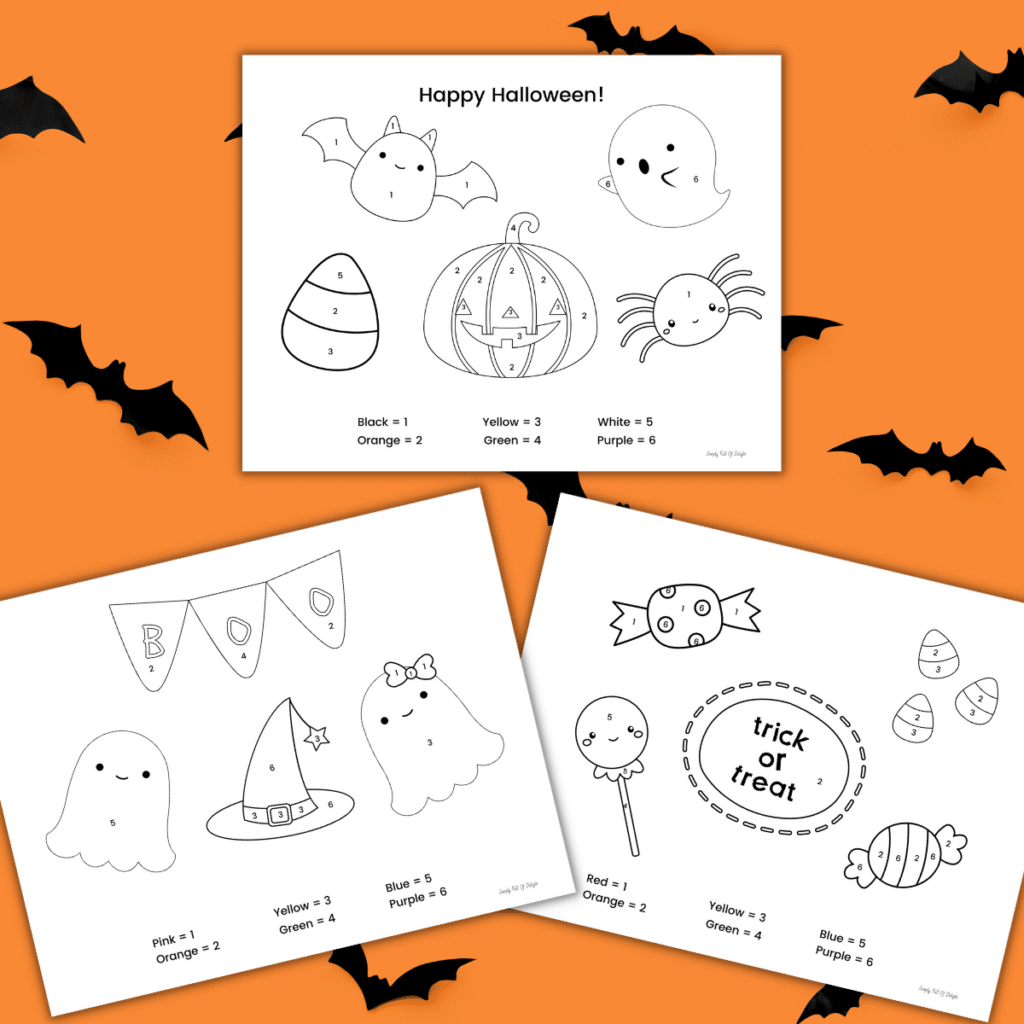 Halloween color by number printable worksheets