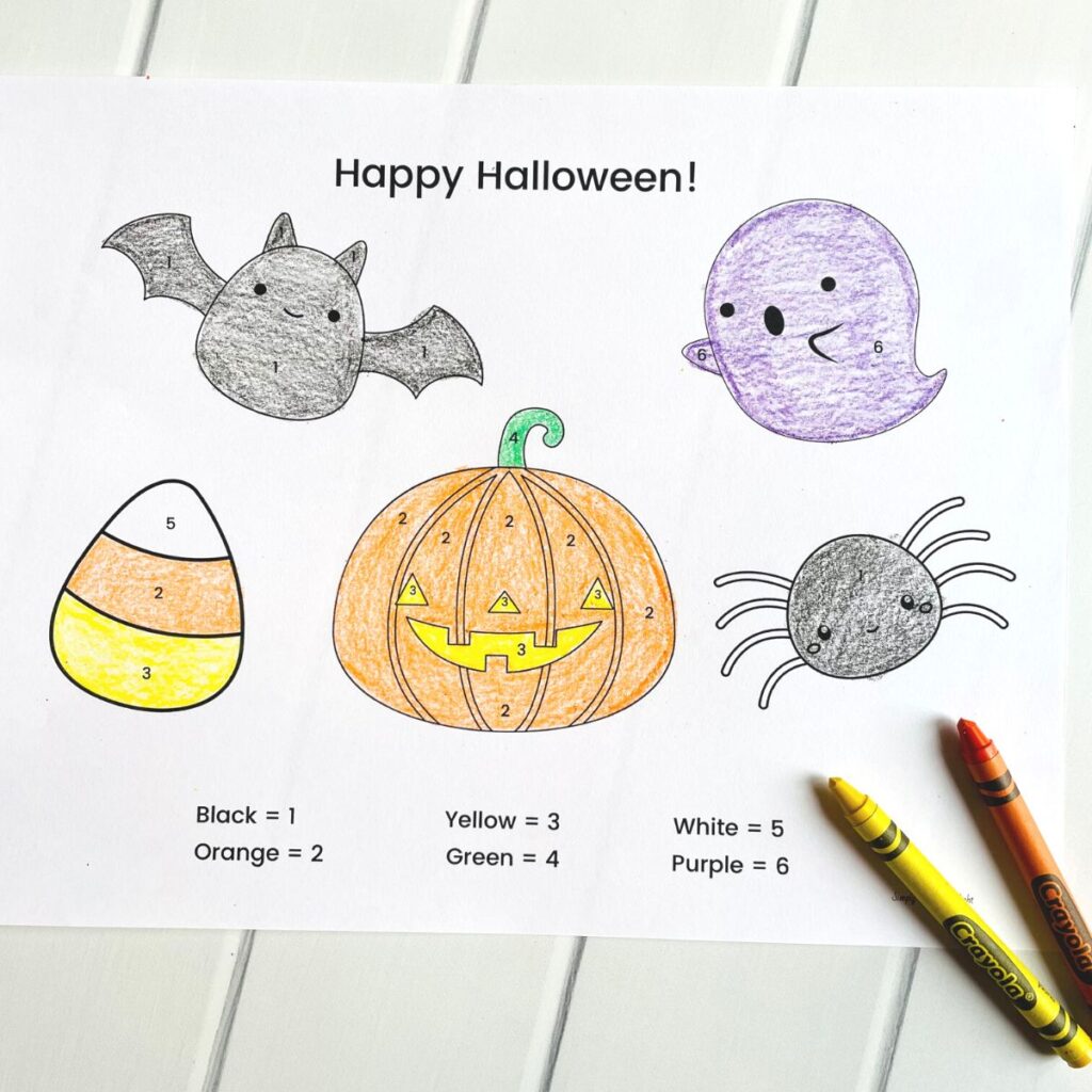 Happy Halloween color by number printable worksheet for preschool